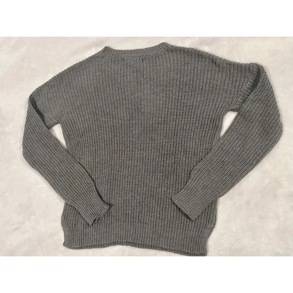 Pink Rose Gray Solid Lace-Up Crewneck Waffle-Knit Pullover Sweater Women S